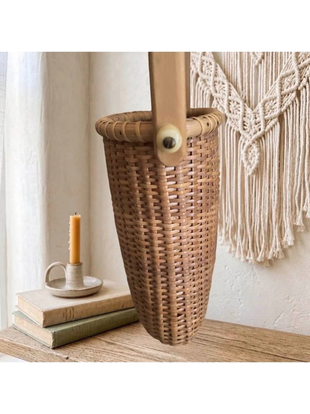 Nantucket Style Wall Basket Tight Weave Wood Handle and Bottom French Country Co - Picture 5 of 13